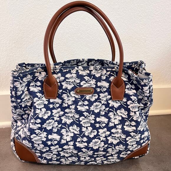 Liz Claiborne blue white floral Jacquard canvas tote Brown faux leather tote bag - Picture 1 of 7